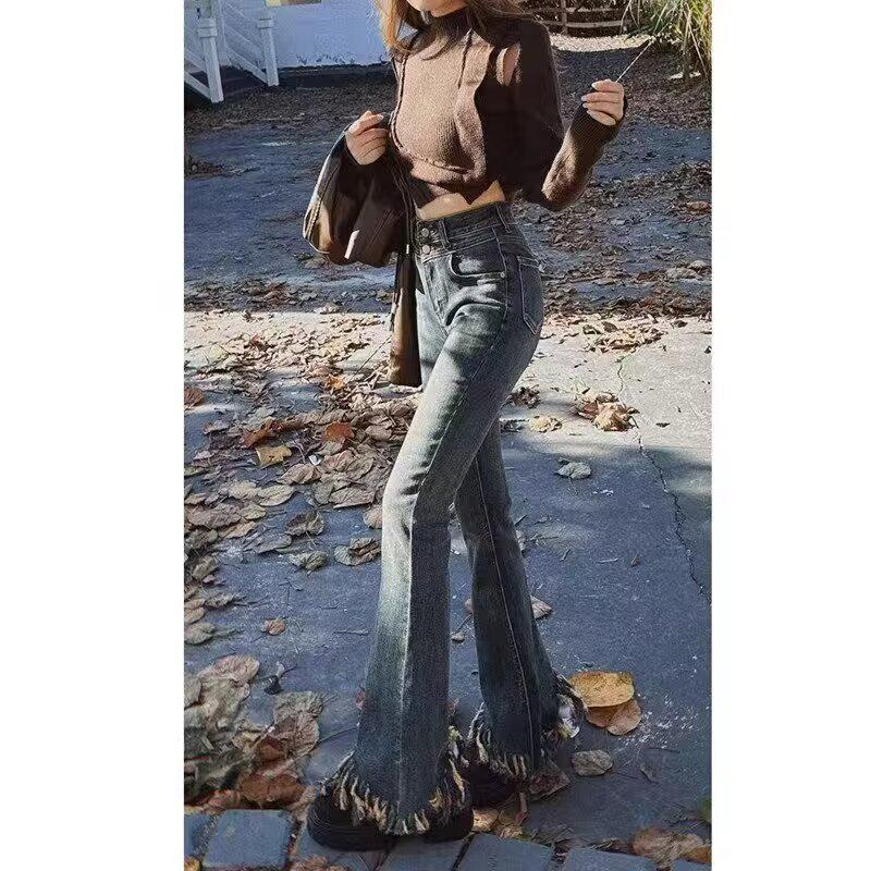Cross-Border Tassel Cement Gray Micro-Flare Jeans: Women's 2026 Spring/Summer Elastic Slimming Retro Pants with Frayed Hem
