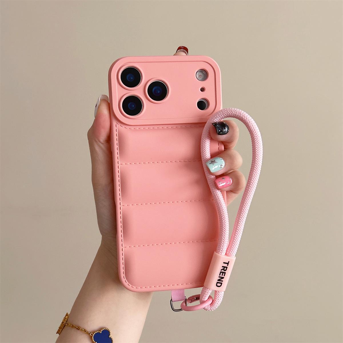 

Soft Wrist Strap Down Jacket Silicone Case for iPhone Air 17 16 Plus 15 14 13 12 11 Pro Max XS XR X 7 8 Camera Protection Cover iPhone XR рожевий