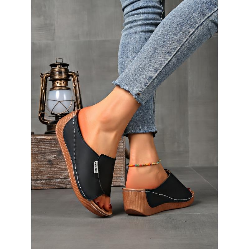 Large-sized Thick-soled Casual Slipper Women's Shoes 2025 New Style Wide Band Simple and Fashionable Fish-mouth Wedge Heel Slipper