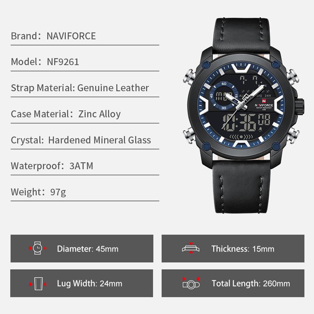 NAVIFORCE Original Men Quartz LCD Digital Watch Leather Strap Waterproof Luminous Pointer Calendar Date Men Boys Casual Watch NF9261