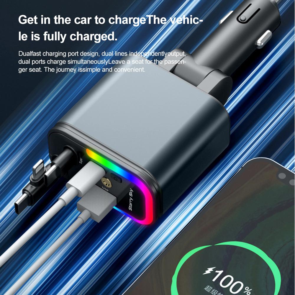 5 In 1 Total Power 180W Car Fast Charger with Retractable Cable USB Type-C Power Adapter with Color Ambient Light and Starry Sky Light for IOS Android