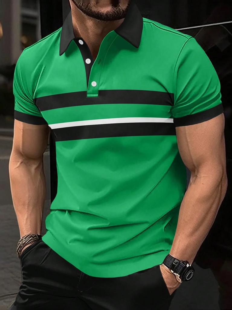 Men's Polo Shirt Button Collar Short Sleeve Pullover Summer Casual Sports Solid Color Striped Lapel Trend Men's T Shirt Tops