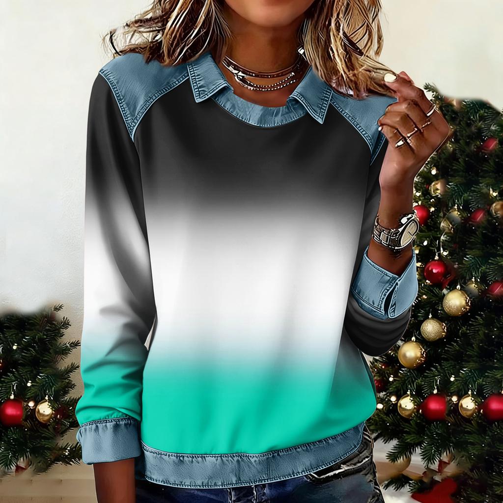 Dammode Utsvängd Långärmad Denim Patchwork Sweatshirt Tryckt Avslappnad Pullovertopp