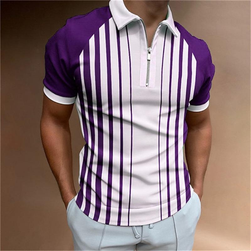 Striped Short Sleeve Polo Shirt, Half-Zip Slim Fit Casual Top