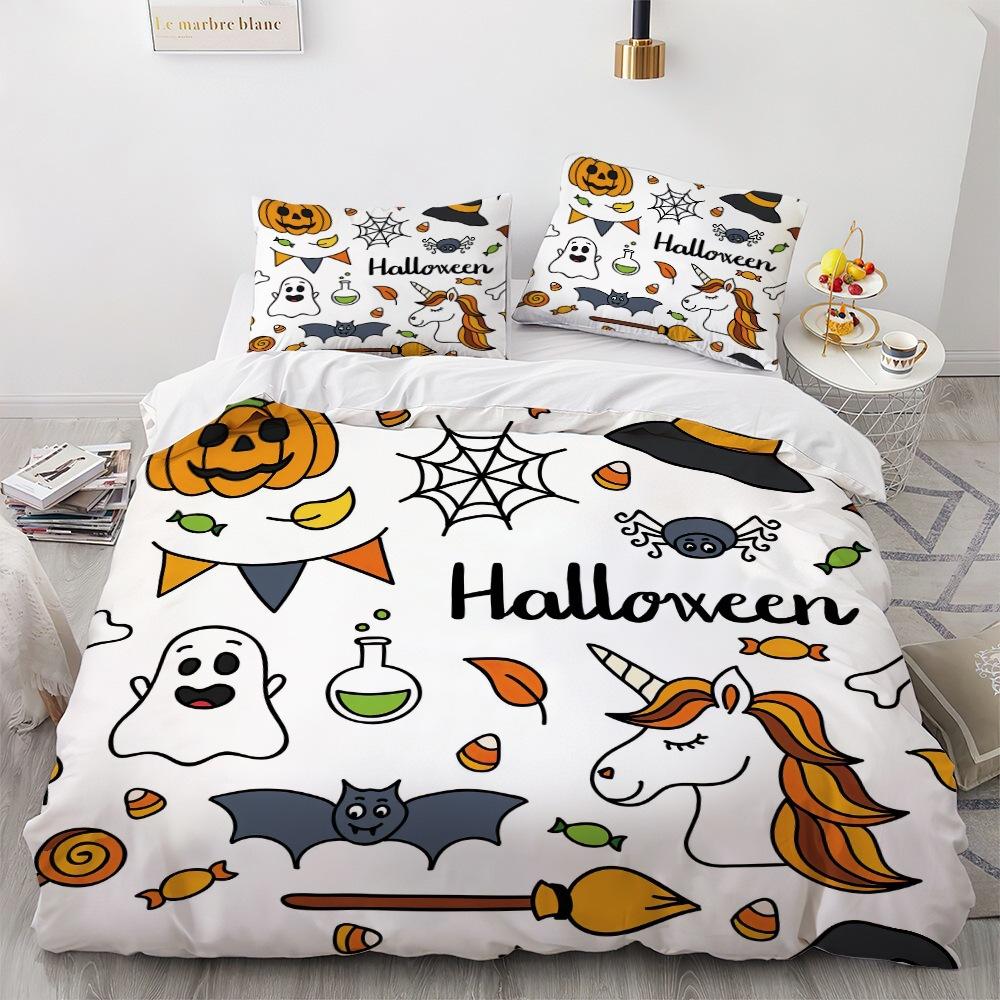 Halloween Horror And Fun, Three-Piece Set Of Polished Bedding, Four-Piece Set Of Bed Hat And Quilt Cover, Printed.