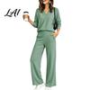 Pullover Sweatpants Set Women Sweatshirt Pants 2-Piece Set V-Neck Long Sleeve Top & Wide Lounge Sets Leg Trousers with Elastic Waist Solid