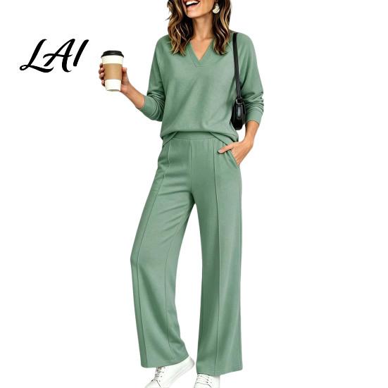 Pullover Sweatpants Set Women Sweatshirt Pants 2-Piece Set V-Neck Long Sleeve Top & Wide Lounge Sets Leg Trousers with Elastic Waist Solid