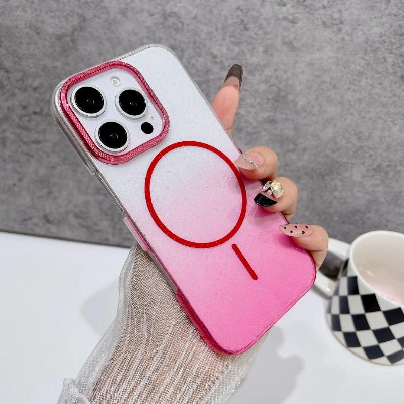 

Дизайн с градиентным блеском для iPhone 17air 16e 15 14 11 12 13 Pro Max Plus Чехол с интегрированной защитой объектива и поддержкой беспроводной зарядки MagSafe For iPhone 11Pro красный