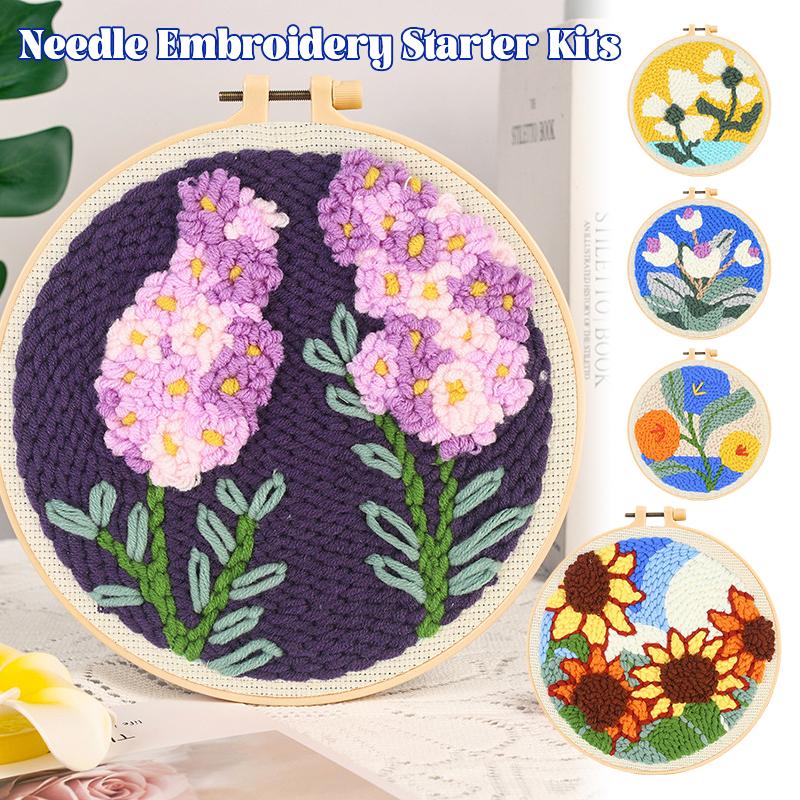 1Set Embroidery Floral Pattern DIY Punch Needle Embroidery Kit with Yarn Starter Kit Poking Cross Stitch Tools For Knitting