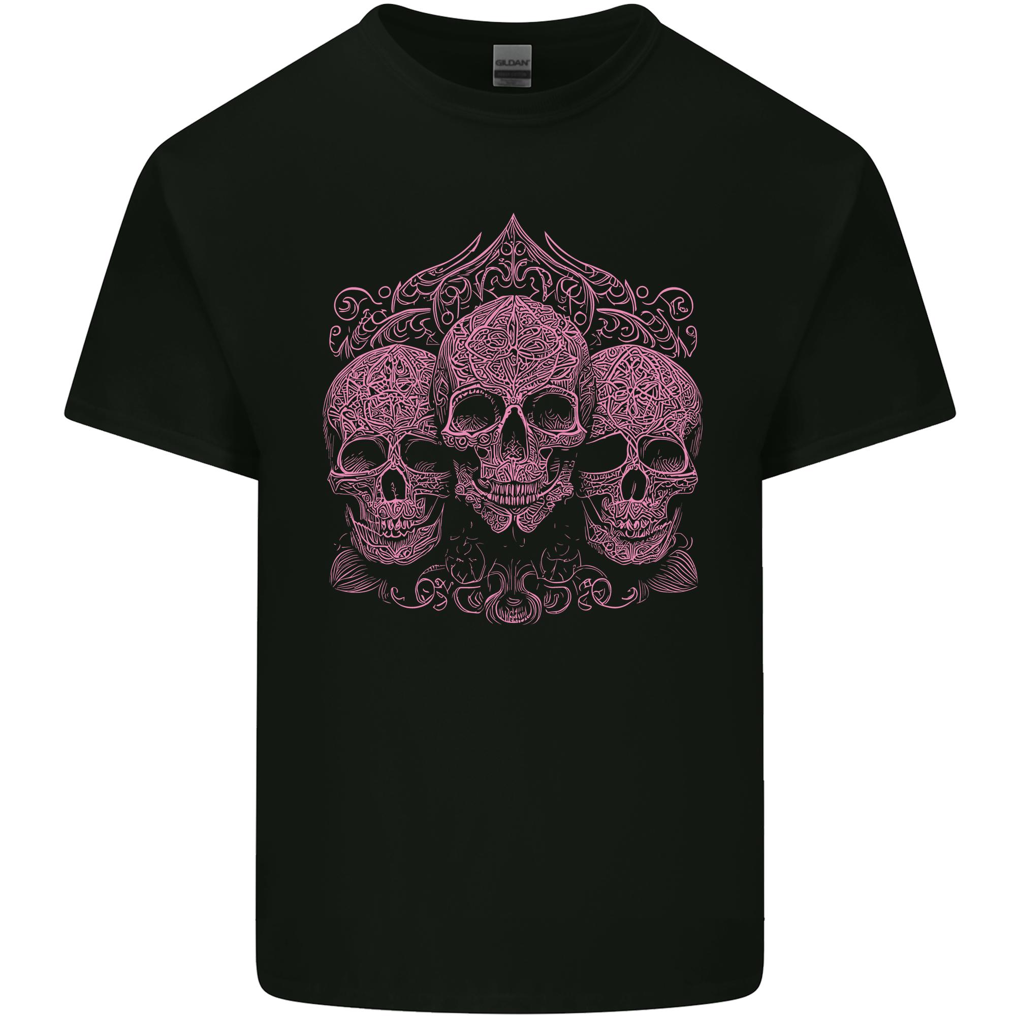 3 Ornate Pink Skulls Gothic Goth Unisexs Light Cotton TShirt S