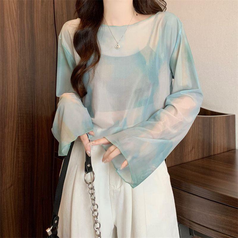 Sommer Gradient Batik Sonnenschutz T-Shirt Überwurf Reiner Wunsch Stil Durchsichtig Kurz Vielseitiges Oberteil