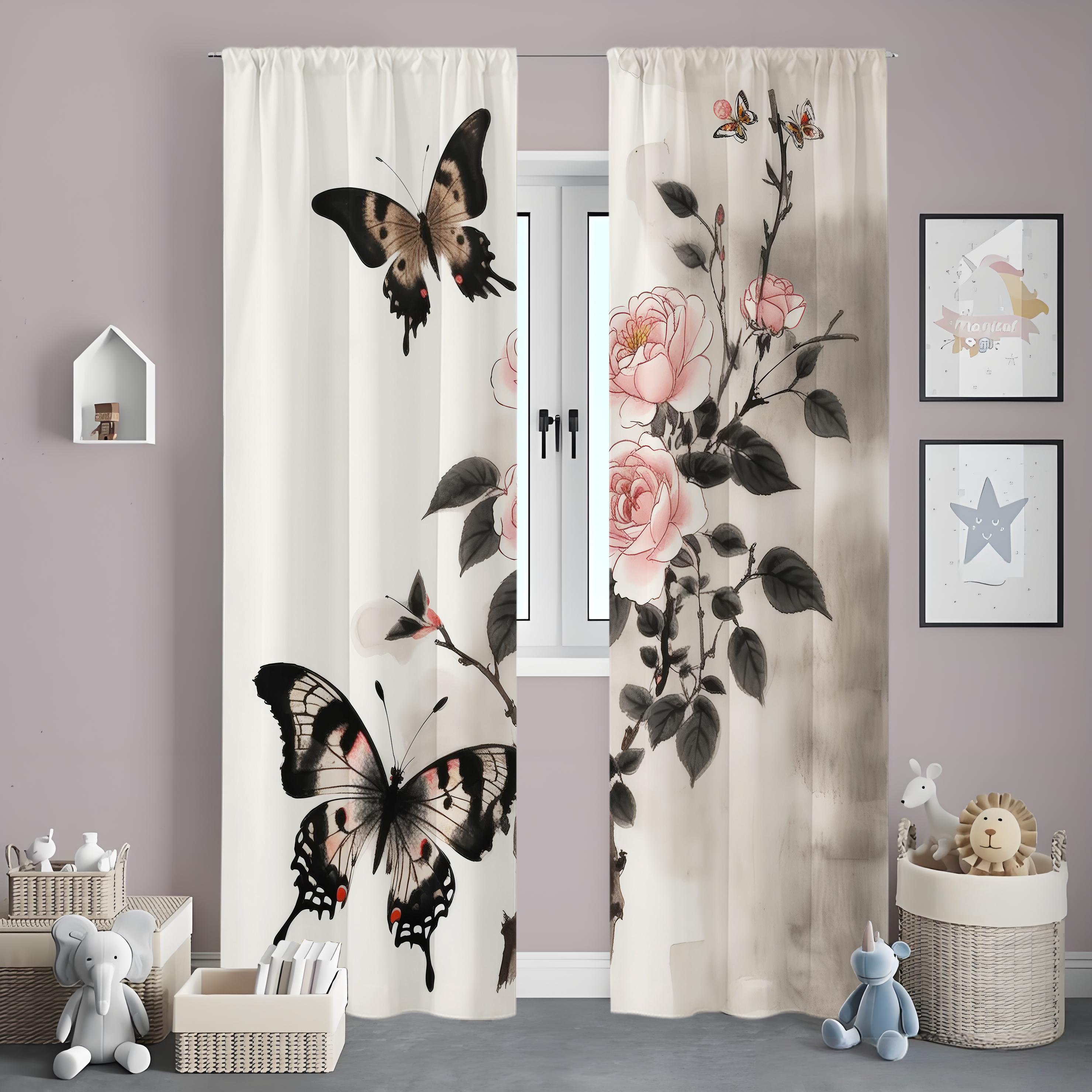 

Piece Flower Butterfly Design Curtains Versatile Home Window Decor Various Scenarios Curtain Made Of Polyester With Rod Pocket W100*H70(CM)-Rod Pocket&1PCS