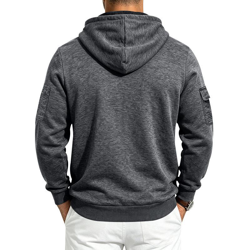 Men Heather Full Zip Hoodie Jacket, Drawstring Hood Long Sleeve Sweatshirt With Multi Arm Cargo Pockets Casual Outdoor Zip Up Hooded Coat