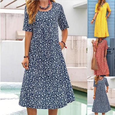 Damen bedrucktes, florales Rundhals-Taschen-Kurzarm-Casual-Modekleid