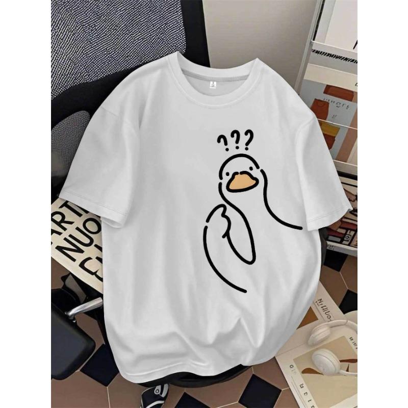 

European sizes Women s Casual Cute Duck Graphic Print Short Sleeve T-Shirt | White Round Neck All-Season Comfort Top 4XL