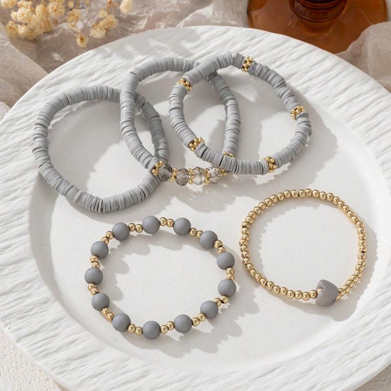 5pcs/Set Elegant Gray Soft Ceramic Heart Bead Multi-Layer Bracelet Set, Artificial Crystal Elastic Bracelet, Suitable for Ladies Daily Wear, Dating