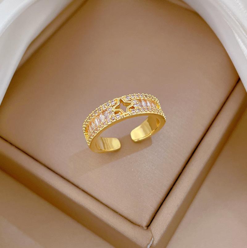 Real Gold Light Luxury Lucky Grass Full Diamond Ring Opening Adjustable Simple Jewelry Japanese Ring Couple Ring