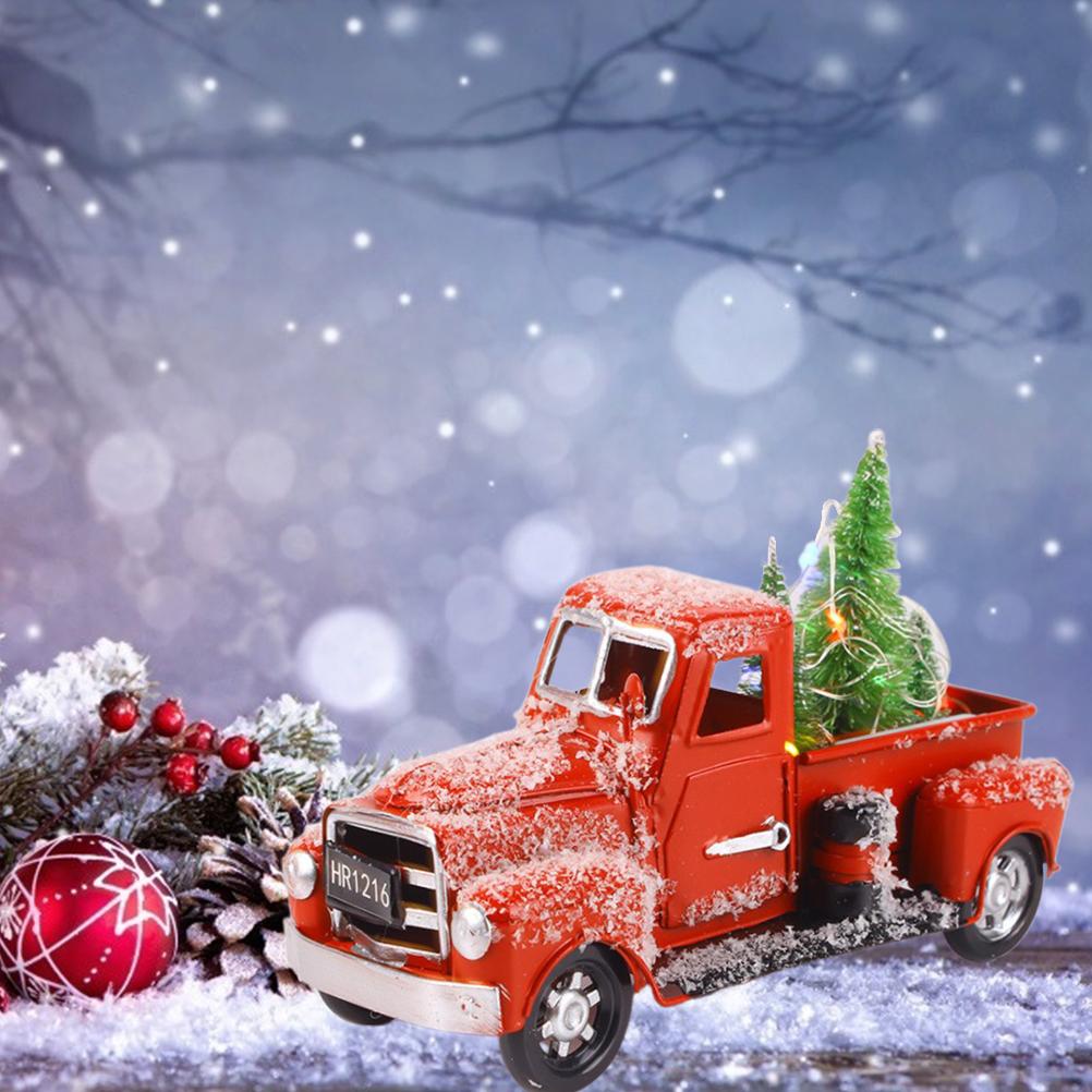 Christmas Vintage Red Truck Metal Truck Car with Christmas Trees Ornaments for Home Fireplace