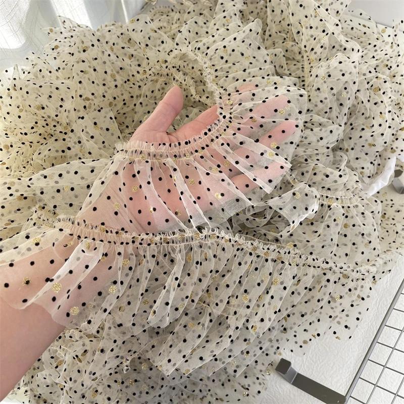 3 metry/partia 8 cm szerokości beżowa siatka czarna kropka tkanina/brązowe złote kropki plisy koronkowe wykończenie akcesoria do sukienki dla zwierząt/lalek