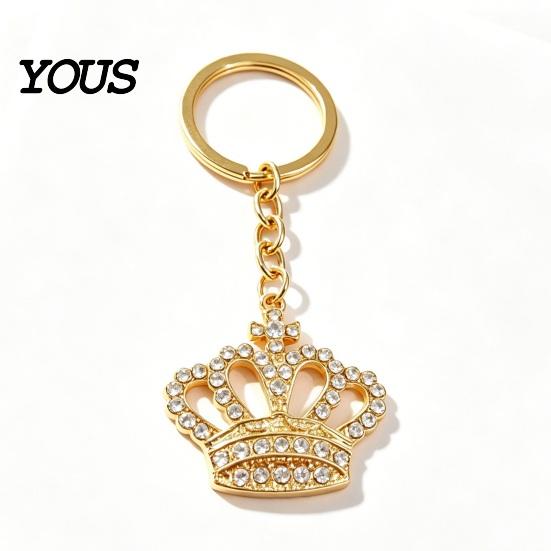 Extended Chain Keyring Keychain Pendant, Transparent Rhinestones Crown Design Key Ring with Strong Durable Chain, Smooth Opening Unisex Holder for