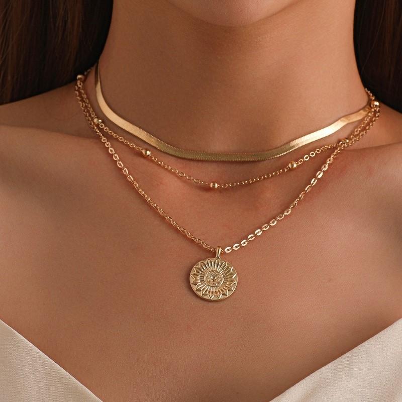 Silver Color Multi-layer Round Pendant Necklace for Women Exquisite Three-Layer Sweater Chain Jewelry for Gifts