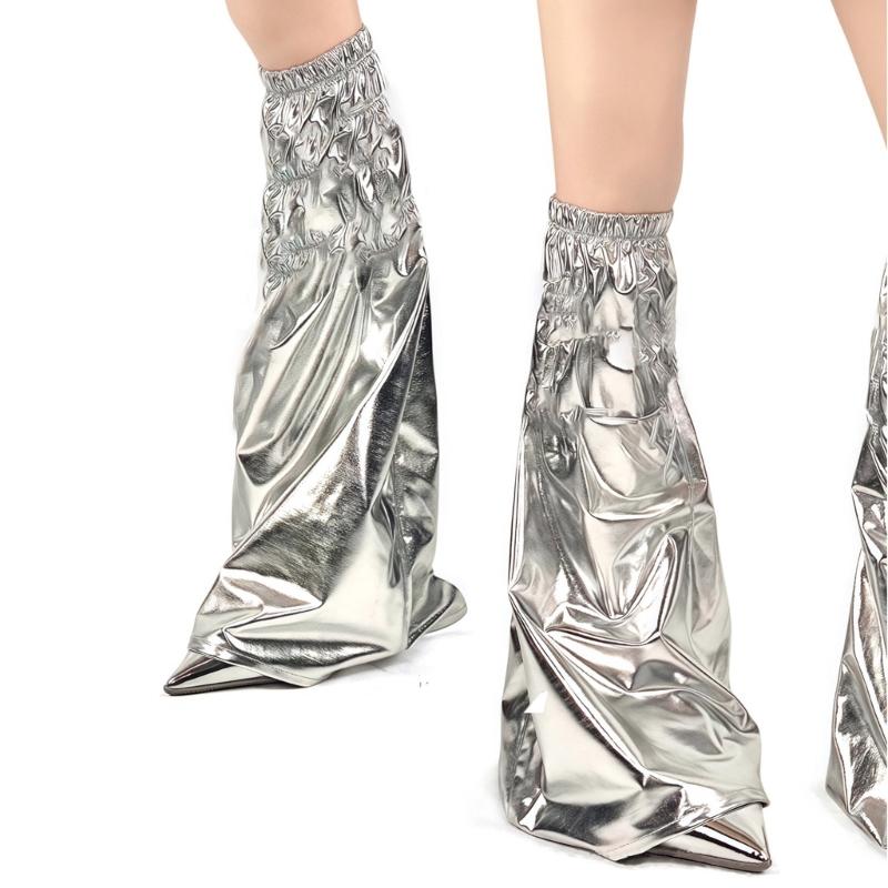 Women Punk PU Leather Leg Warmer Harajuku Grunge Leg Socks Metallic Silver Wide Baggy Boot Covers Gaiters Streetwear