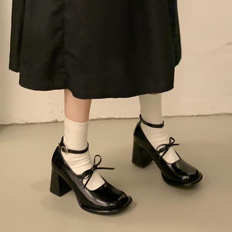Autumn New Coarse Heel Single Shoes Women's Square Head Shallow Mouth Butterfly Knot Anti-slip Wear-resistant High Heels