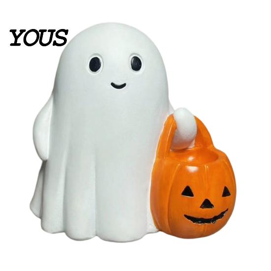 Holiday Ghost Ornament Halloween Holding Pumpkin Figurine, Spooky Statue with Decoration Night Light, Resin for Desk Tabletop Centerpiece