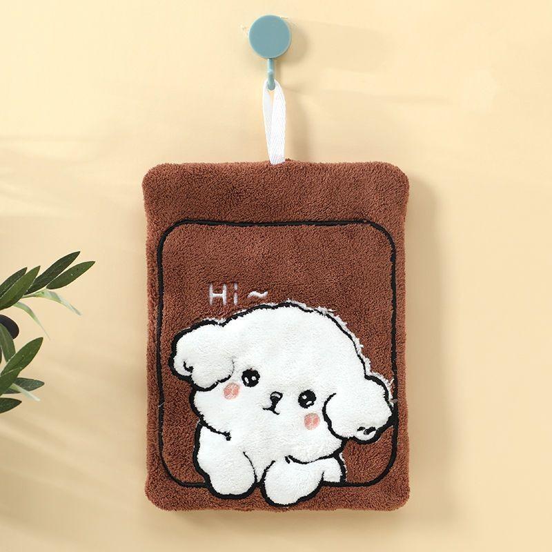 1Pcs Cartoon Kitchen Hanging Hand Towel Cute Little Dog Cloth Absorbent Quick Drying Thick Coral Fleece Soft Cute Towel