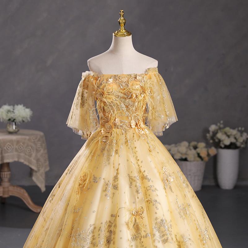 Ein-Wort-Schulter champagnerfarben goldfarben Solo-Tutu Schüler Gesangskunst Prüfung Aufführung Uniform Gastgeber Jahrestagung Abendkleid weiblich