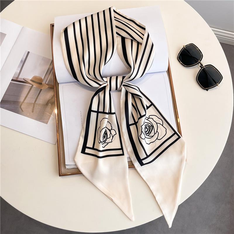Long small silk scarf women's spring, autumn and summer black neck protection scarf with shirt streamer ribbon belt thin scarf