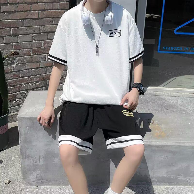 Korean Style Men's Sportswear Set - Short Sleeve T-shirt & Casual Basketball Shorts, Summer 2026 Trend