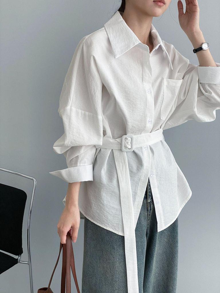 Versatile Women's Elegant Waist-Cinching Solid Color Lapel Shirt 5079