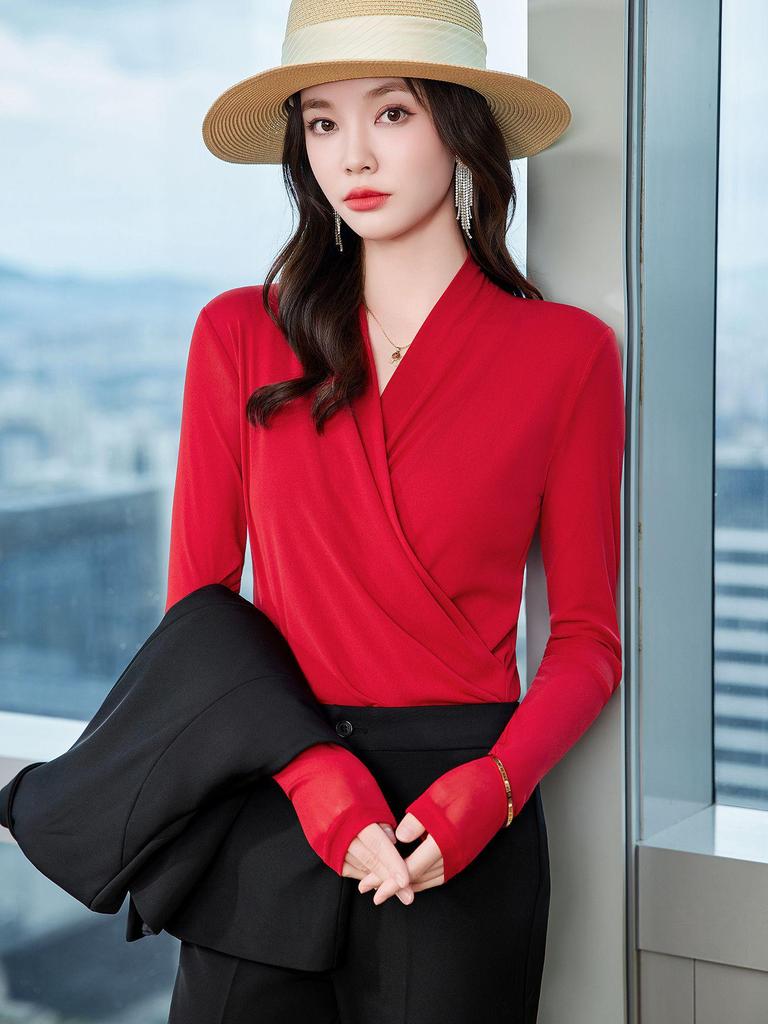 2025 Autumn Korean Style Long-Sleeve V-Neck Mesh Top for Women