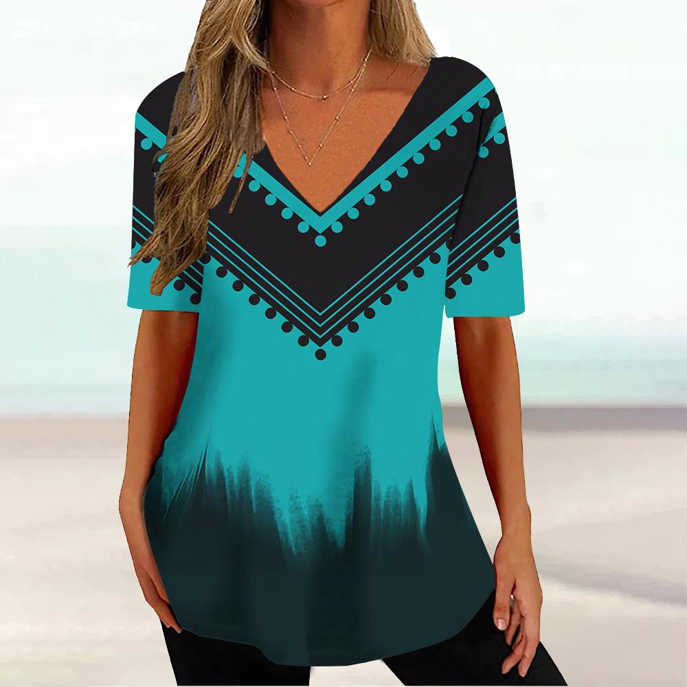 Summer V-neck 3D Geometric Striped Printed Top Fashionable Casual Short Sleeved Women's T-shirts
