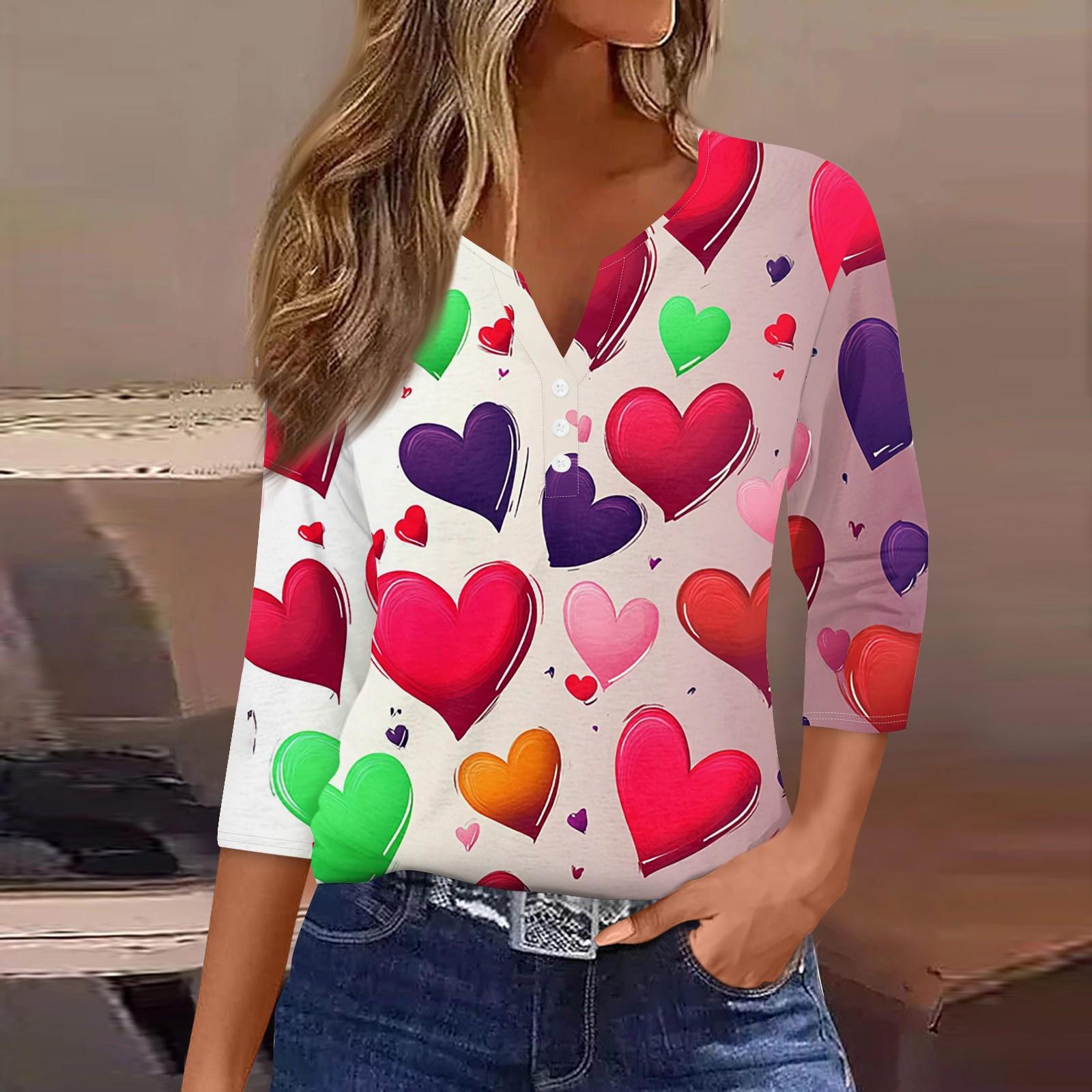 

Женская модная повседневная футболка с V-образным вырезом и декоративными пуговицами на День святого Валентина с рукавом три четверти L