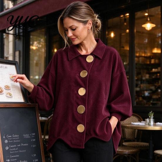 Lady Corduroy Jacket Women with Large Metal Buttons, Lantern Sleeve Casual Long Coat for Fall Winter, Loose Fit Oversized Collared Outerwear Warm