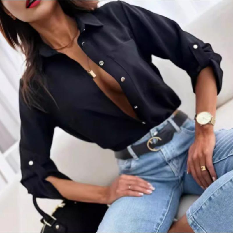 Spring and Summer New Long-sleeved Top with Lapel and Printed Shirt for Women