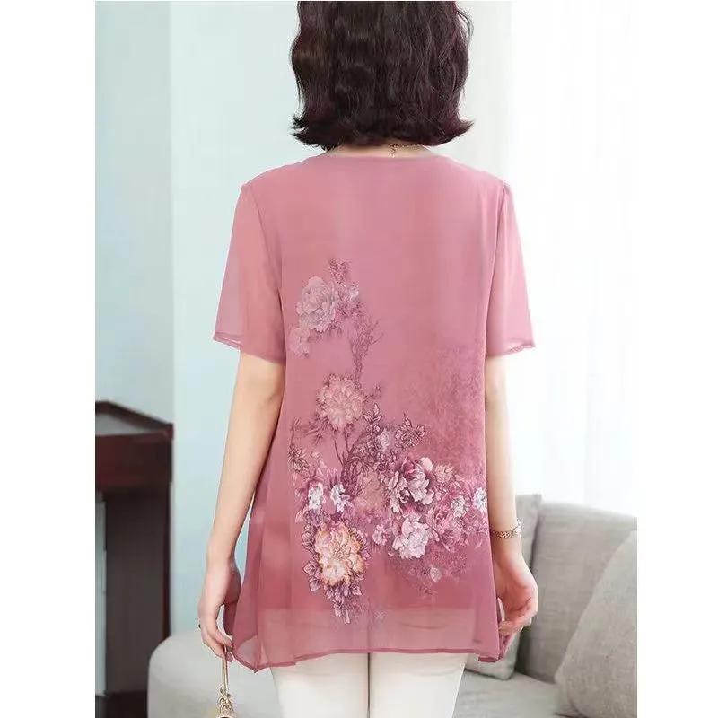 Women's Summer Short-sleeved Printed Chiffon Shirt Mid-length Simple Commuter Tops