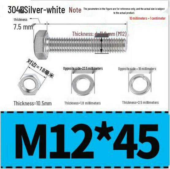 304 Stainless Steel Hex Head Bolt and Nut Set M6-M14, Lengths 8-100mm
