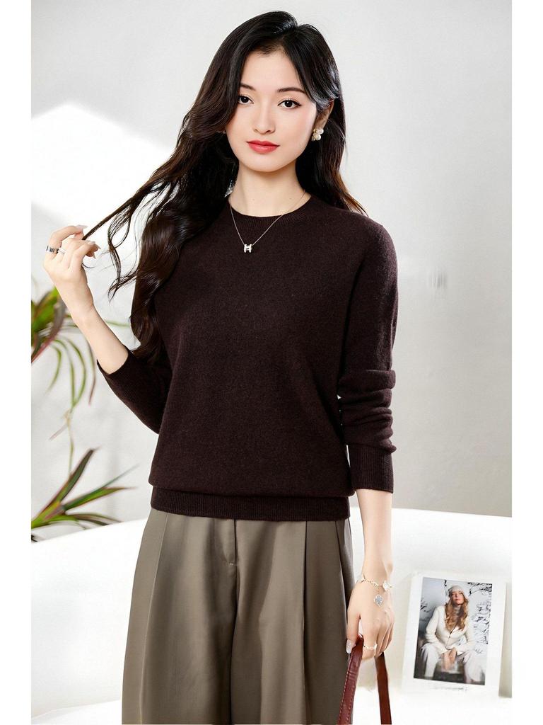 Dámský měkký kašmírový svetr s dlouhým rukávem a kulatým výstřihem - Módní, všestranný a pohodlný úplet.