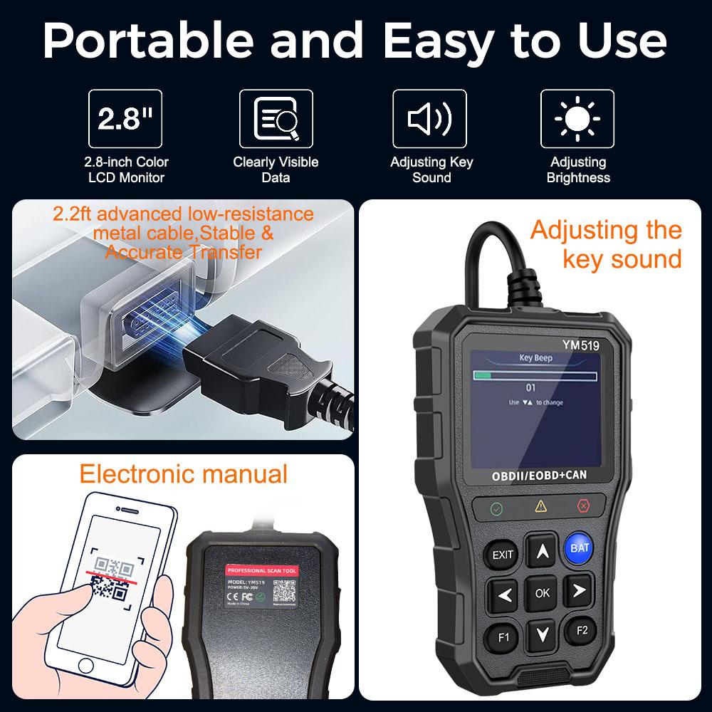 Multi-language Fault Code Scanner OBD2 Code Reader Battery Tester YM519 Car Diagnostic Tool Code Reader Check Engine System
