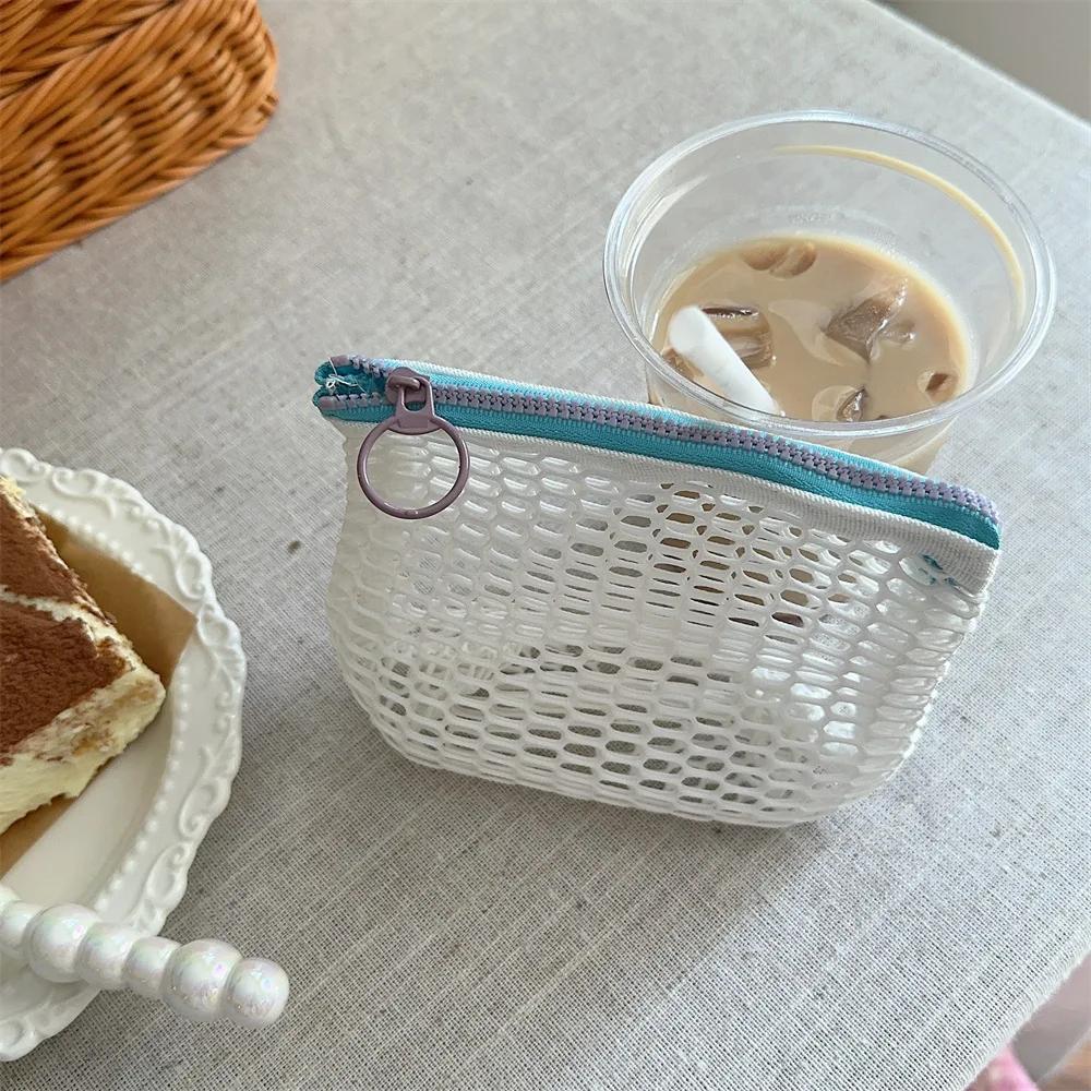 Small Transparent Mesh Coin Purse Bags Color Contrast Zipper Lipstick Cosmetic Small Storage Bag Keychain Earphone Bag Case