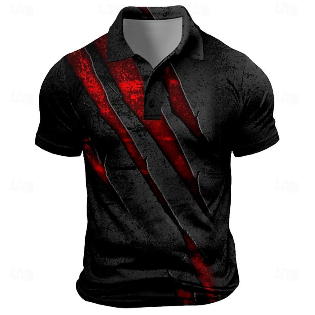 Vintage Men's Polo Shirt Scratch Print Casual Short Sleeve T-Shirt Lapel Buttons Golf Sport Shir