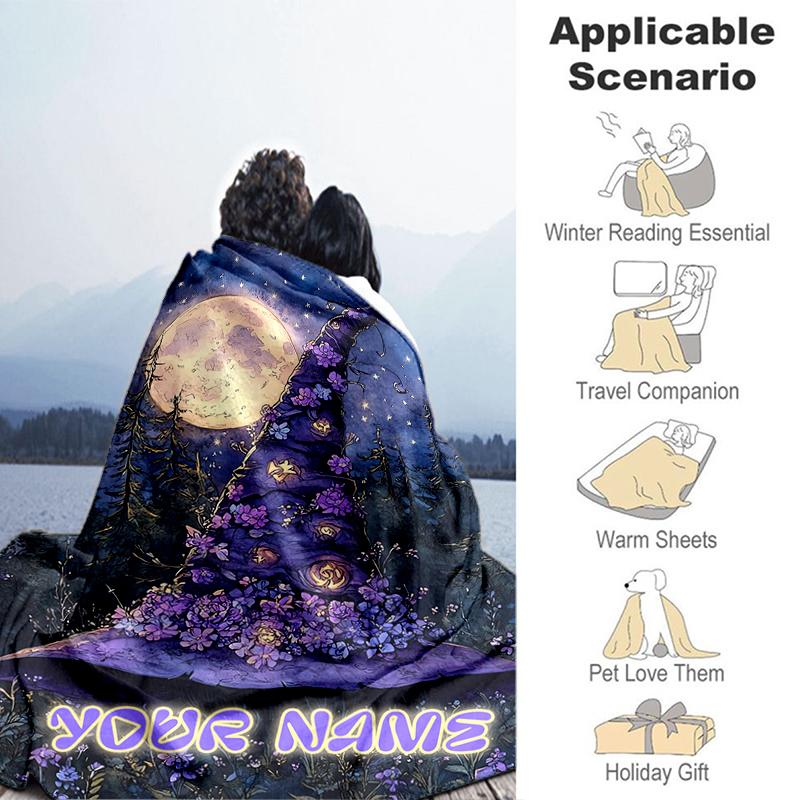 1PC Custom Name Magic Hat Night flannel blanket versatile,all-season throw suitable for the living room,bedroom,camping,travel,and gift