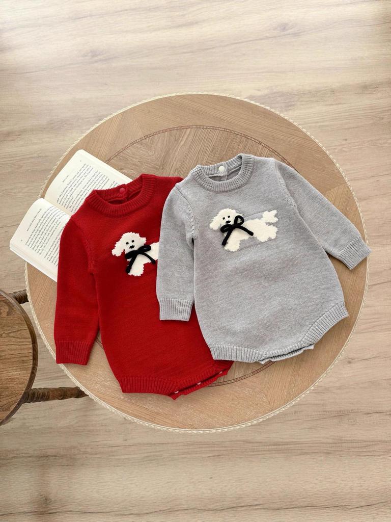 Autumn & Winter One-Piece Baby Rompers: Jacquard with Cute Animals & Handmade Bow for Boys & Girls