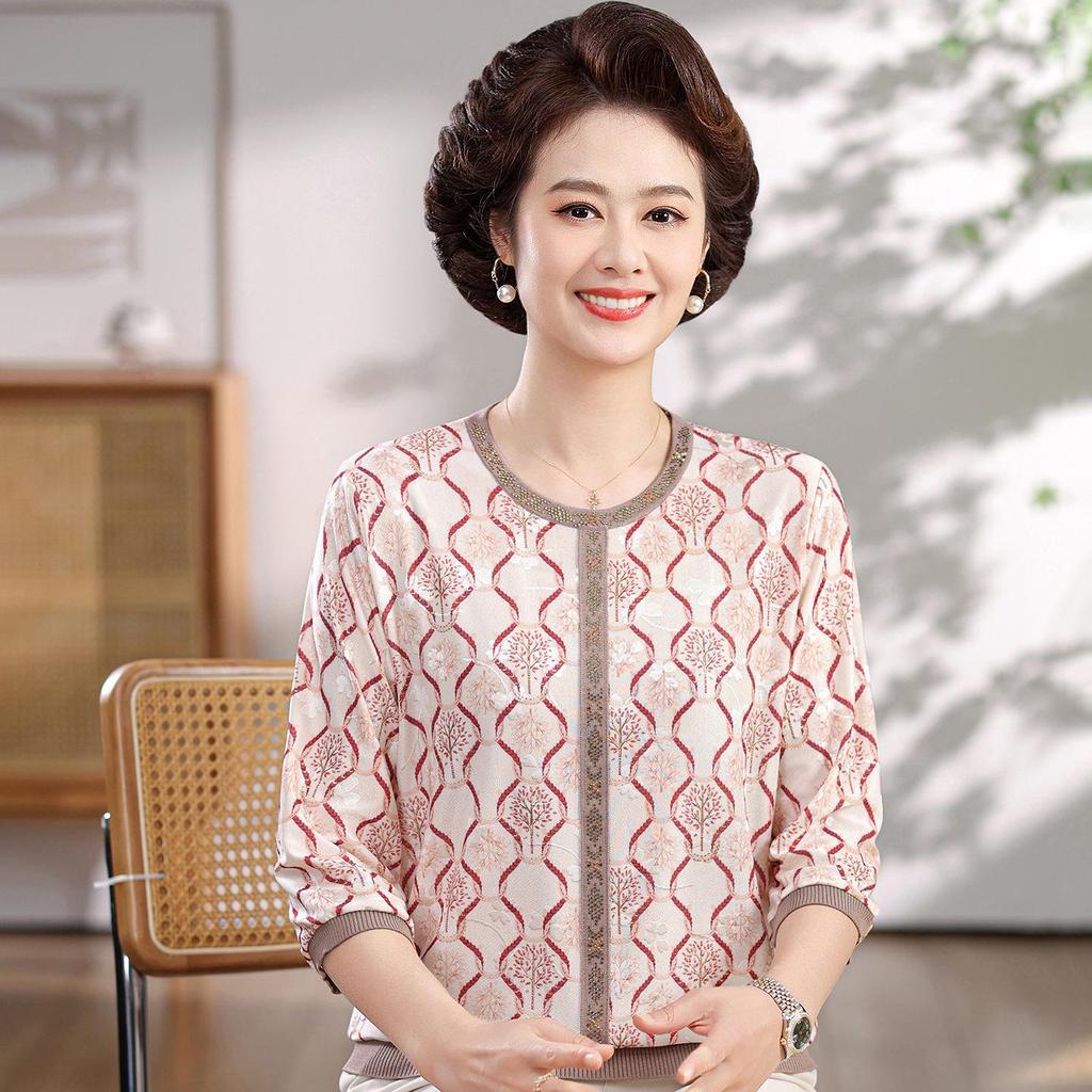 Mom's Spring/Summer Ice Silk Knit Top - Seven-Sleeve Style for Middle-Aged and Elderly Women