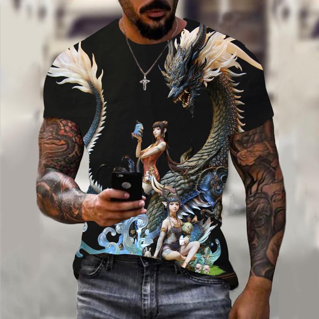 Summer Round Neck 3D Dragon Print Top Fashionable Casual Short Sleeved Men's T-shirts
