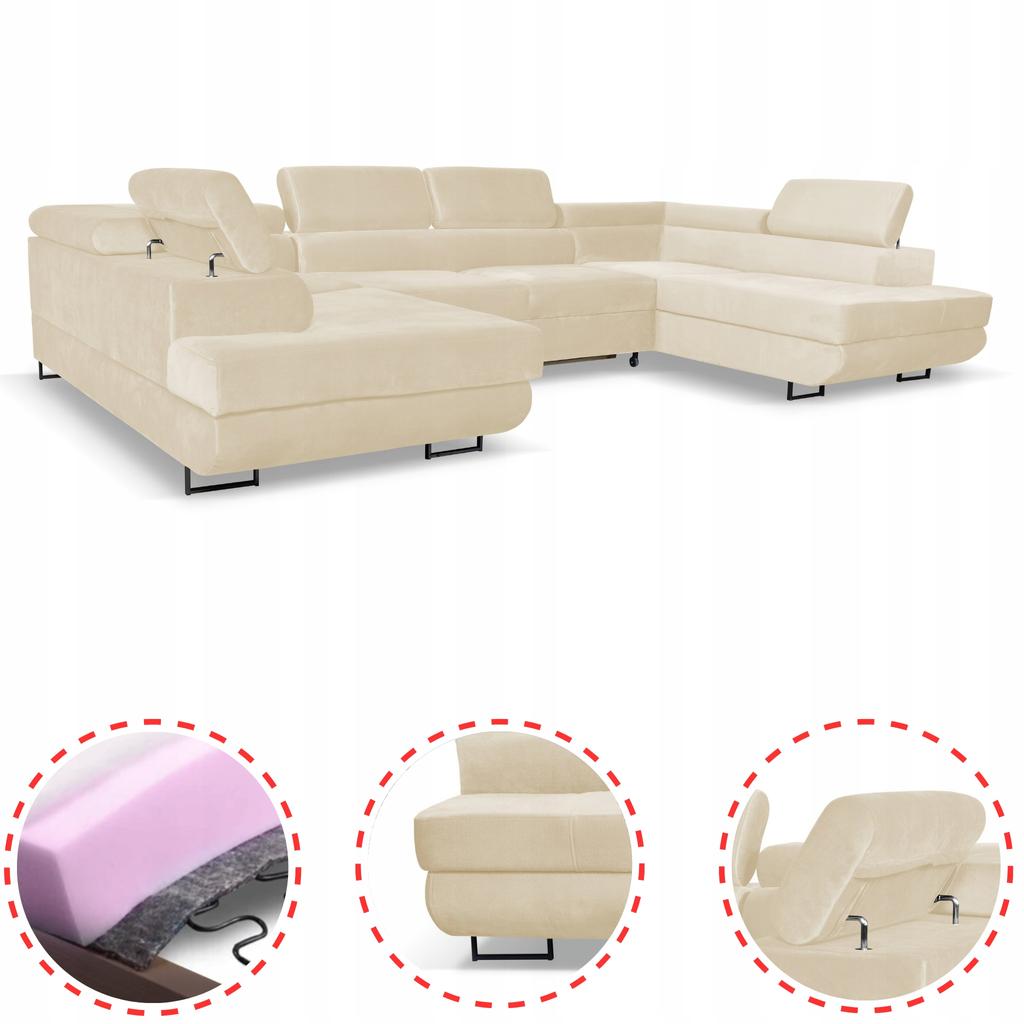 U-shaped Corner Sofa Bed, Extendable F. Bosso Family Sleeping Furniture Beige Velvet