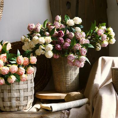 Creative Multicolor Artificial Rose Flower Green Leavees 7 Heads Simulation Flower Silk Petals Photo Props Rose Faux Flower Gift